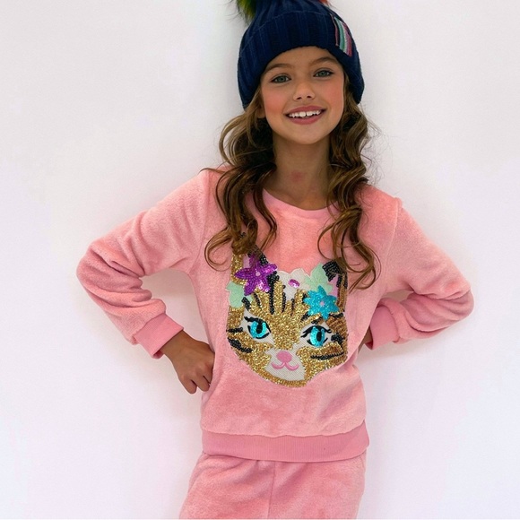 Lola + The Boys Other - Lola + The Boys Pink Velour Sequin Cat Sweatshirt Sz 6